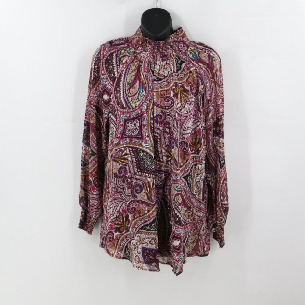 Chicos Womens Smocked High Neck Paisley Lonng Sleeve Blouse Size 1 US Medium
